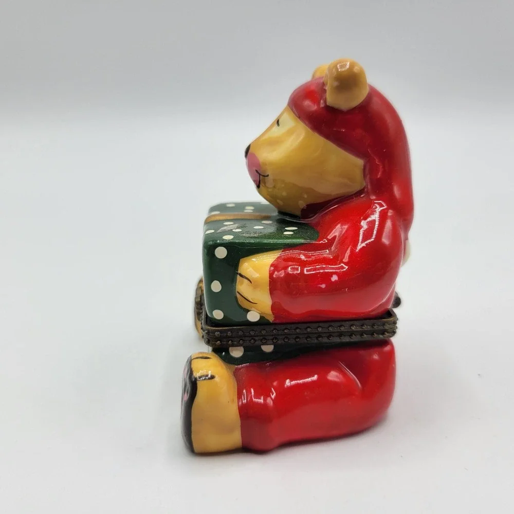 Holiday Santa Bear with Gift Box Sweet Dreams Pillow Hinged Trinket Box Ceramic
